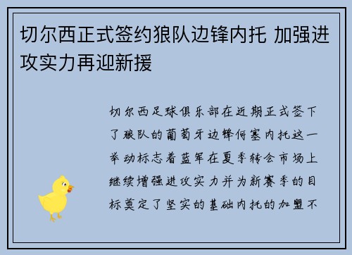 切尔西正式签约狼队边锋内托 加强进攻实力再迎新援