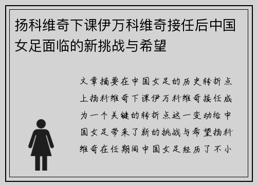 扬科维奇下课伊万科维奇接任后中国女足面临的新挑战与希望